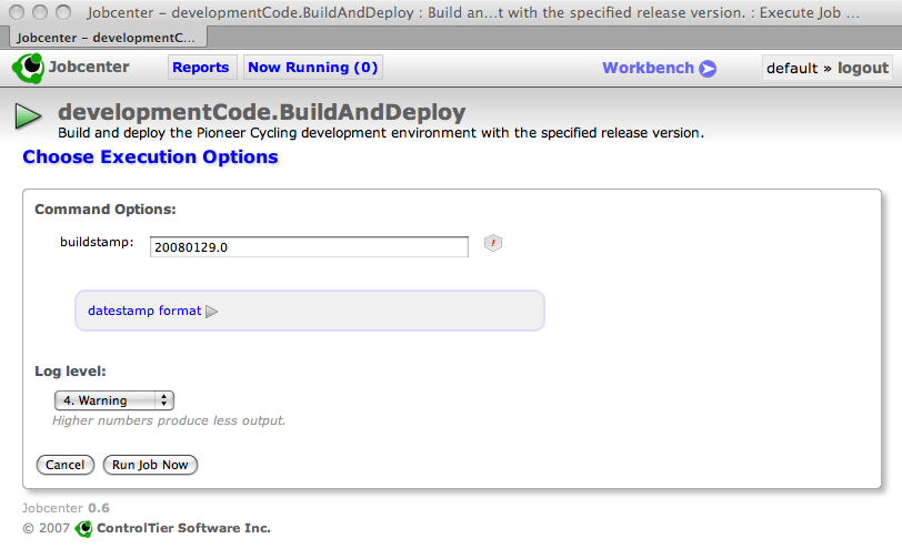 Run the development code build and deploy job from Jobcenter