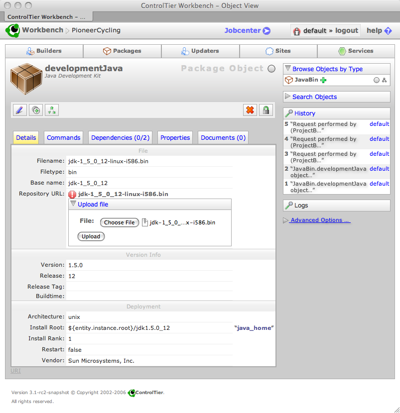 Workbench package upload dialog.
